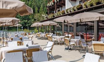 An inviting restaurant terrace with tables and umbrellas. In the background, green trees and flowers can be seen.