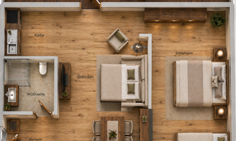 A modern apartment with an open living area, a kitchen, and two bedrooms. The floor is made of light wood, and the decor is cozy and inviting.