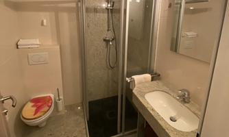 A modern bathroom with a shower and a sink. There are bright walls and elegant sanitary fittings.