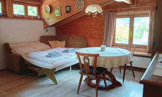 A picture of the living room. On the left side is a wide spreadable sofa where two people can sleep. On the right side in front of the window there is a large round wooden table with two wooden chairs, and a wardrobe.  The style of the room is rustic and many elements, also the walls and the ceiling, are made out of wood.