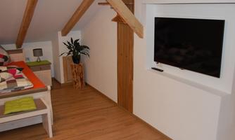 A cozy room with wooden floor and wooden beams. A television hangs on the wall, and a plant stands in the corner.