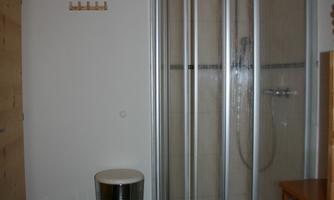 A bathroom with a shower in a modern glass partition. The walls are bright and the furniture is simple and functional.
