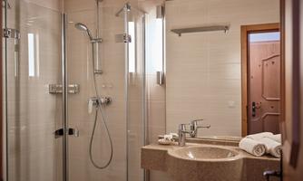 A modern bathroom with a glass shower enclosure and an elegant sink. Towels are neatly arranged.