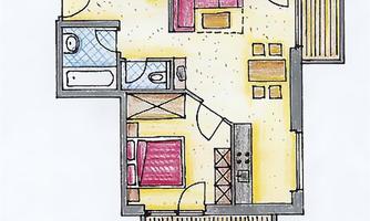 A colored floor plan of a small apartment. The drawing shows a living room, bedroom, bathroom, and a terrace.