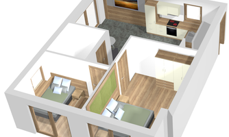A modern apartment with two bedrooms, an open living area, and a kitchen. Bright colors and wooden elements give the space an inviting atmosphere.