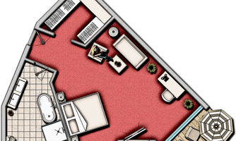 A stylized floor plan representation of a room with red walls, furniture, and plants. The room includes a bathroom, a bedroom, and a living area with terrace access.