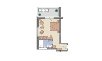 A floor plan drawing of a small apartment with a kitchen, living room, and bedroom. The layout shows the room distribution and furnishings.