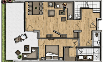 A floor plan of a modern living space with an open layout. The rooms are bright and friendly, featuring cozy furniture and an adjacent outdoor area.