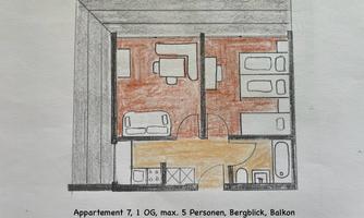A drawing of an apartment layout with two bedrooms, a living room, and a kitchen. It shows space for up to five people and has a balcony.