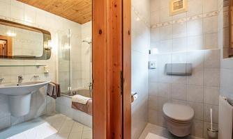 A modern bathroom with tiles and a wooden ceiling. On the left side are sinks and a shower, on the right a toilet.