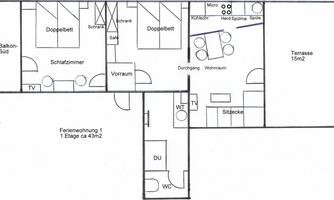 A schematic representation of a vacation apartment. The floor plan shows different rooms such as a bedroom, living room, and a terrace.