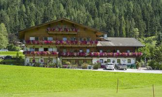 A traditional wooden house surrounded by green meadows and mountains. The windows are decorated with colorful flowers.