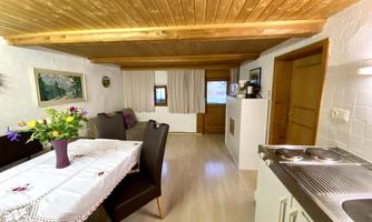 A cozy living area with a dining group and a modern kitchen. The wooden ceiling and the decoration give the room an inviting atmosphere.
