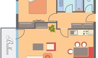 A simple floor plan sketch of an apartment with one bedroom, one bathroom, and a balcony. The layout shows various pieces of furniture and a small green plant area.