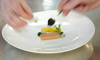 A gourmet dish is lovingly arranged. It features carefully placed ingredients on a white plate.