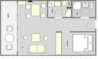 A floor plan drawing of an apartment with various rooms. The rooms include a kitchen, a bedroom, a bathroom, and a balcony.