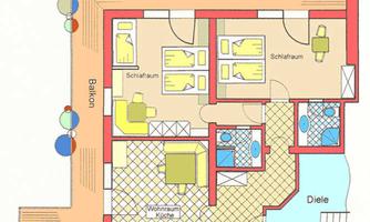 A basic layout of an apartment with several rooms. There are balconies, a bedroom, a living room, and a kitchen.