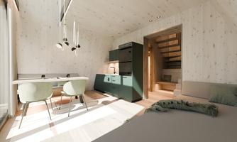 A modern, light-filled room with a dining table and chairs. The walls are painted in bright tones, and a staircase leads to an upper area.