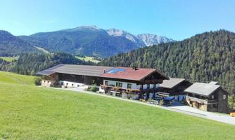 A farmhouse in the mountains with a green meadow and wooded slopes in the background. The clear blue sky completes the idyllic scene.