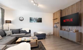 A modern living room with a gray sofa and a large television displaying Netflix. The room is bright and cozy with wooden shelves and a carpet.