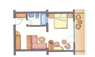A simple floor plan of an apartment. It shows a living area, a bedroom, a bathroom, and a small kitchen.