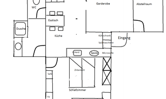 A floor plan of an apartment with various rooms such as kitchen, bedroom, and dining room. The plan also shows the entrance as well as bathroom and storage room.