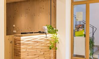 A modern reception area with a wooden counter and plants. The walls are designed to be bright and inviting.