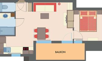 A floor plan graphic of an apartment with a balcony. The rooms include a living room, a kitchen, a bathroom, and a bedroom.