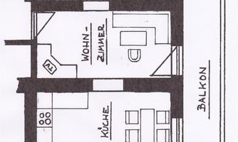An architectural floor plan of an apartment. The rooms include two bedrooms, a living room, a kitchen, and a balcony.