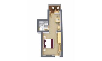 A floor plan of a small apartment with one bedroom, one bathroom, and a kitchen. The furniture is simply arranged and creates a practical living atmosphere.
