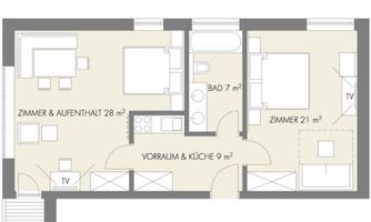 A floor plan drawing of an apartment with 65 m². It shows two rooms, a living area, a bathroom, and an entrance area.
