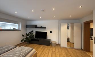 A modern bedroom with a double bed, wooden floor, and bright light. On the wall, there is a television and a mirrored cabinet.