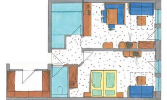 A simple floor plan drawing of an apartment with various rooms. The rooms are depicted with furniture and a blue carpet.