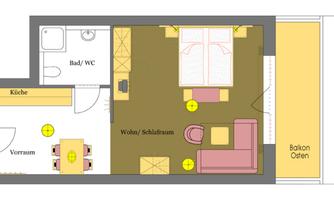 A simple floor plan of an apartment. It shows a living and sleeping area, a kitchen, a bathroom, and a balcony.