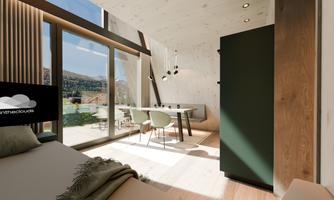A modern room with large windows and plenty of natural light. The room is stylishly furnished with a dining table and a wardrobe.