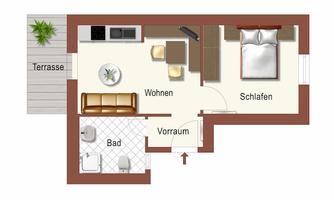 A simple apartment layout with one bedroom, a living area, a kitchen, and a bathroom. On the left side, there is a terrace.