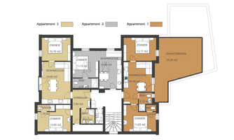 A detailed floor plan sketch of a building with three apartments. The individual rooms are labeled and the area measurements are provided.