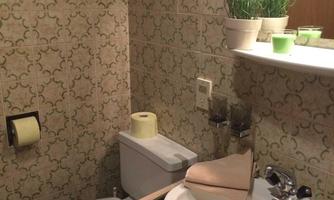 A small bathroom with brownish wall tiles and a modern toilet. Towels are laid out on the sink, and small plants create a friendly atmosphere.