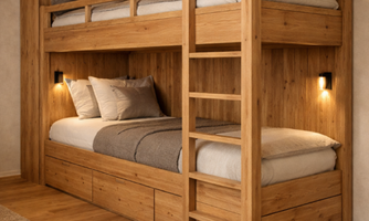 A modern wooden bunk bed with stylish lighting elements. The room has a warm, inviting wood look.