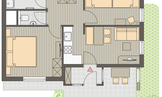 An overview of a house floor plan with various rooms. The rooms include a bedroom, a bathroom, and a living area with a kitchen and dining space.