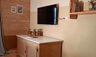 A cozy living room with a wooden dresser and a smart TV on the wall. Several potted plants are on the table.