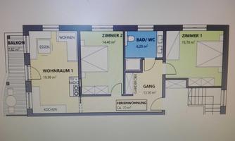 The image shows a floor plan of an apartment. There are several rooms, a bathroom, and a balcony.