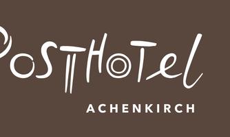 A logo of the Posthotel Achenkirch on a brown background. The font is designed to be modern and inviting.