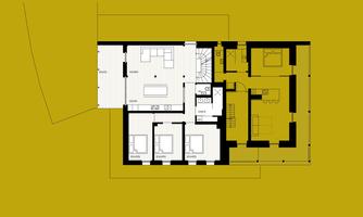A building sketch with a floor plan that shows several rooms. The drawing highlights the kitchen, living room, and bedroom.