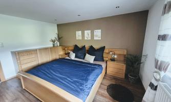 A modern bedroom with a large double bed and a blue duvet. The walls are in warm earth tones, and there are decorative pictures as well as plants.
