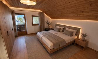 A modern bedroom with a double bed and soft lighting. Large windows provide a view of the surroundings and create an inviting atmosphere.