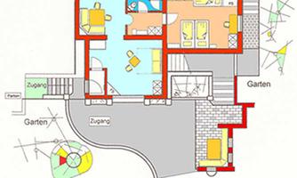 A floor plan of a house with multiple rooms. There are access points to a garden and various living areas.