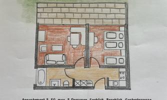A sketch of an apartment with various rooms and a floor plan. The apartment accommodates up to five people and has a view of the mountains and the garden.