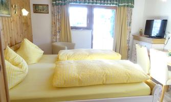 A cozy bedroom with two beds and yellow bedspreads. The room is bright and features large windows and a TV corner.