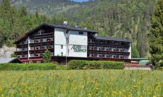 A modern hotel with several floors stands in a green meadow landscape. Forested mountains are visible in the background.